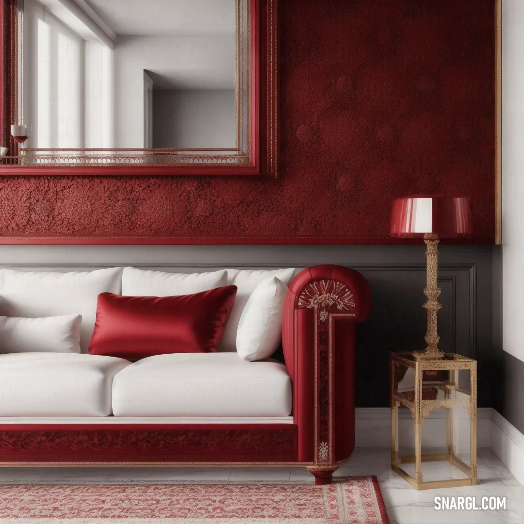 Red and white couch and a mirror in a room with a rug and a lamp on the floor. Color #560319.