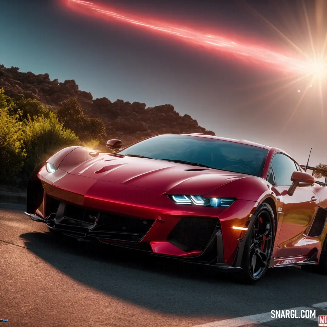 Dark scarlet color example: Red sports car driving down a road at night with the sun shining on the horizon behind it and a red