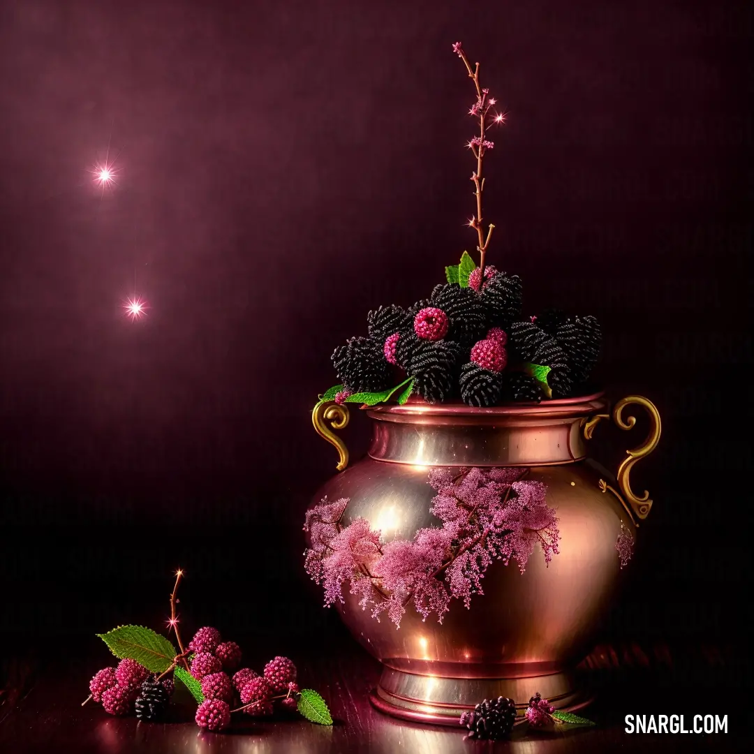 Vase with flowers and berries on a table with a star in the background