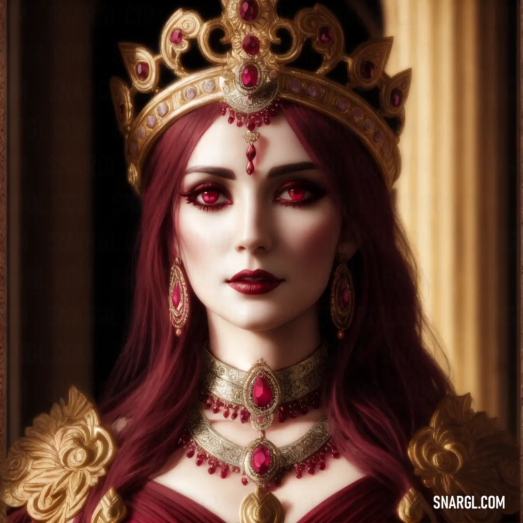 Dark scarlet color. Woman with red hair wearing a tiara and a crown on her head and a red dress with gold trim