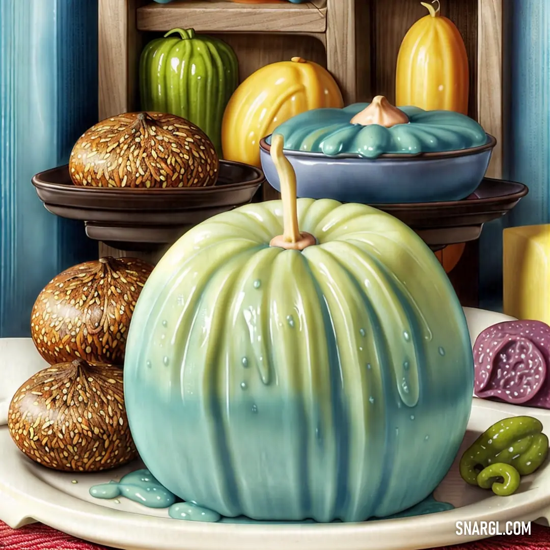 Painting of a blue pumpkin on a plate with other pumpkins and other items around it on a table