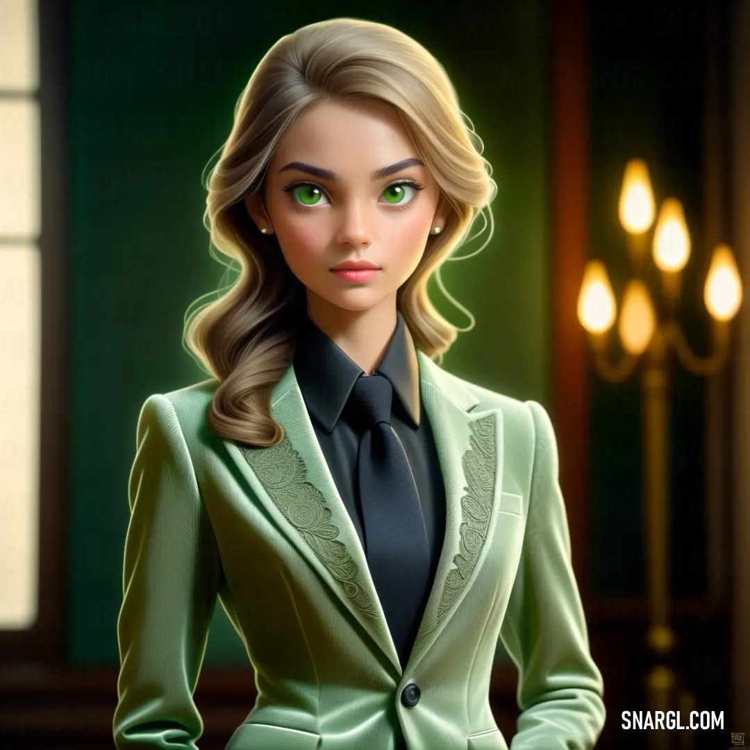 Dark sea green color example: Woman in a green suit and black shirt standing in a room with a chandelier