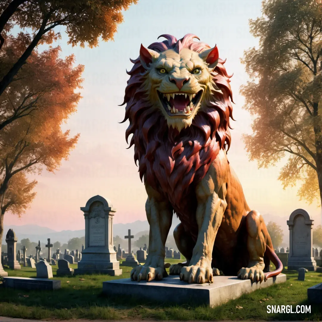 Lion statue on top of a grave in a cemetery. Color #3C1414.