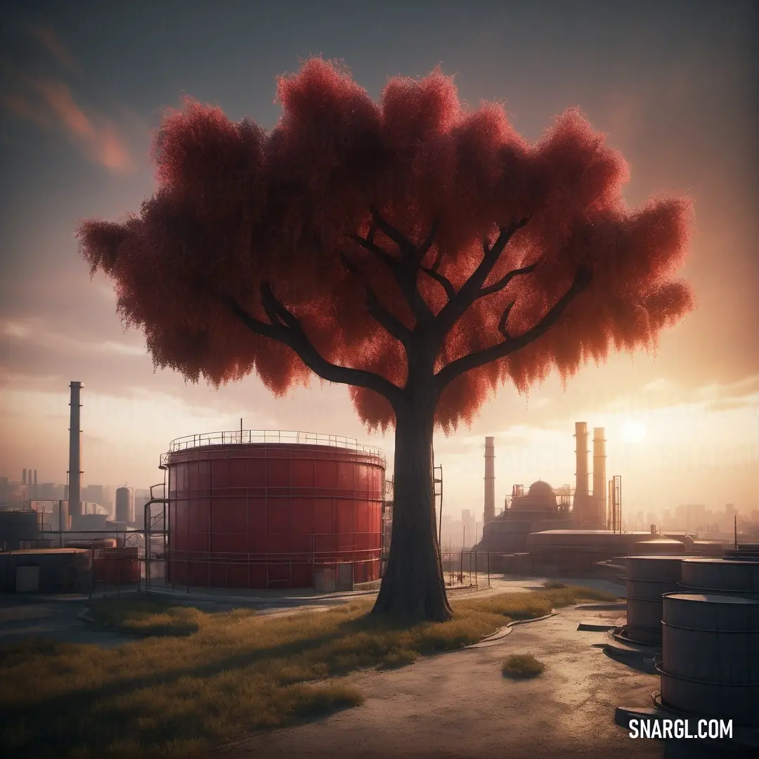 Dark sienna color example: Tree with red leaves in front of a factory