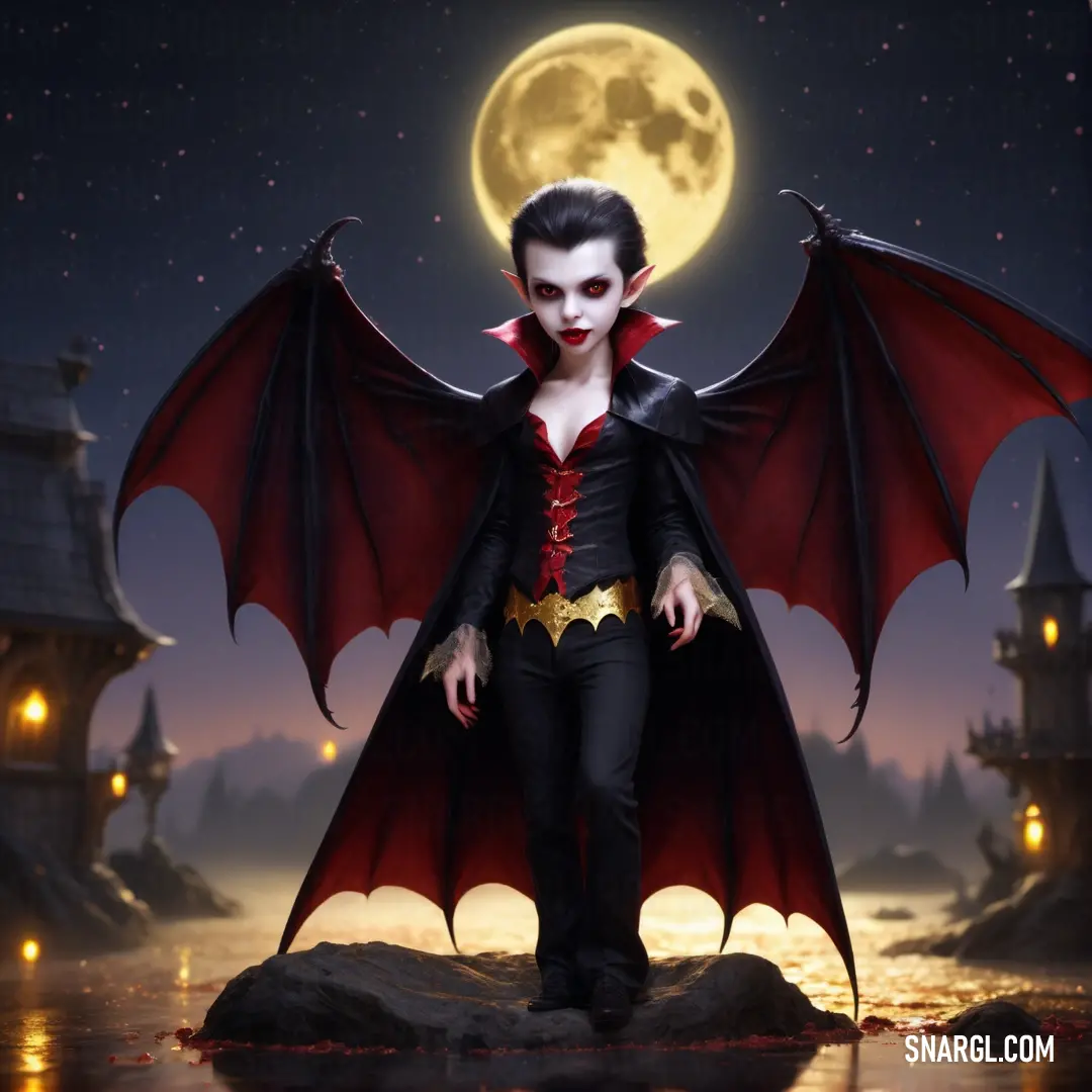 Woman dressed in a vampire costume standing on a rock with a full moon behind her and a castle in the background