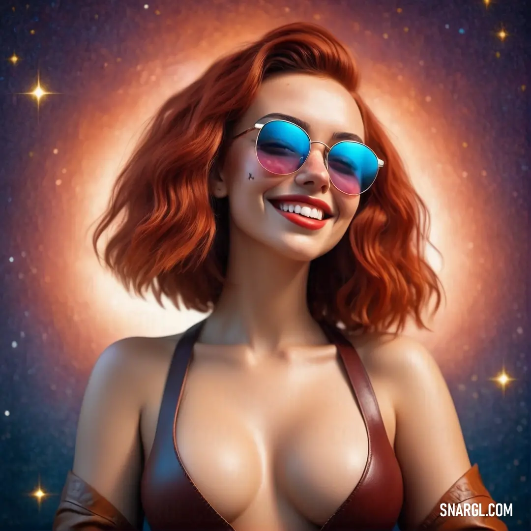 Woman with red hair wearing sunglasses and a brown bikini top with a star background. Color CMYK 0,67,67,76.