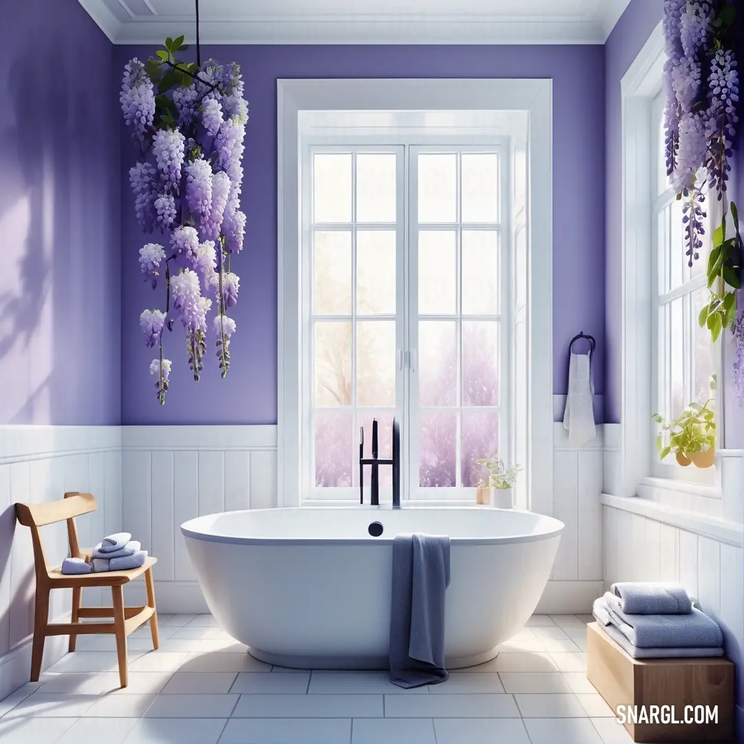 Dark slate blue color example: Bathroom with a large tub and a window with purple flowers on it and a chair in front of it