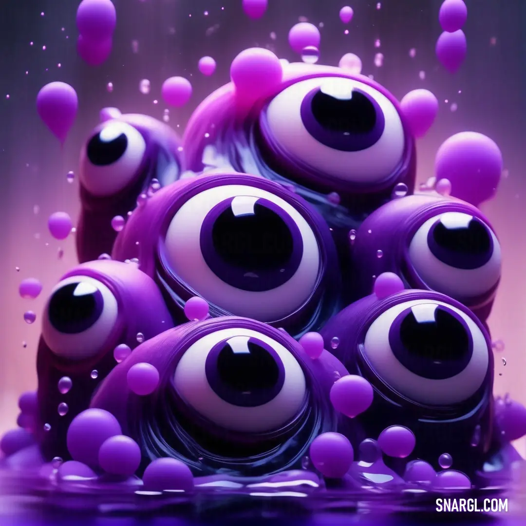 Bunch of balls with eyes floating in the water with bubbles around them and a purple background with a black circle