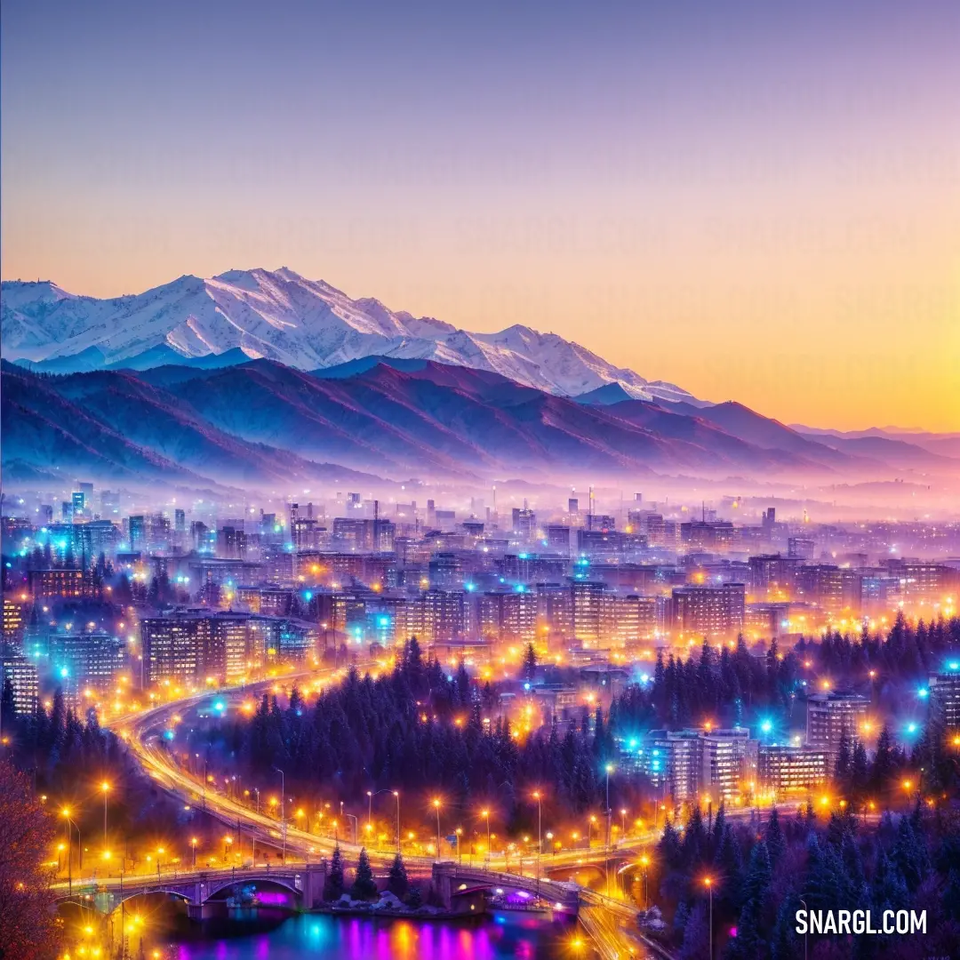 City with a mountain in the background at night with lights on the buildings and trees in the foreground. Example of RGB 72,61,139 color.