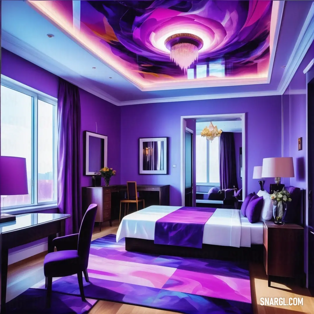 Bedroom with a purple and white theme and a purple rug on the floor and a purple bed in the middle. Color #483D8B.