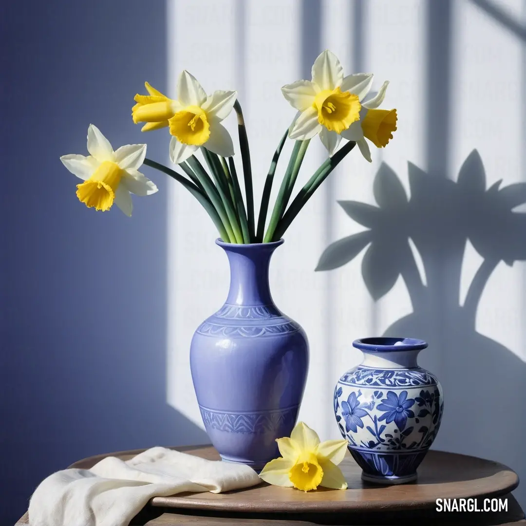 Blue vase with yellow flowers on a table next to a blue vase with yellow flowers on it and a white towel. Color CMYK 48,56,0,45.