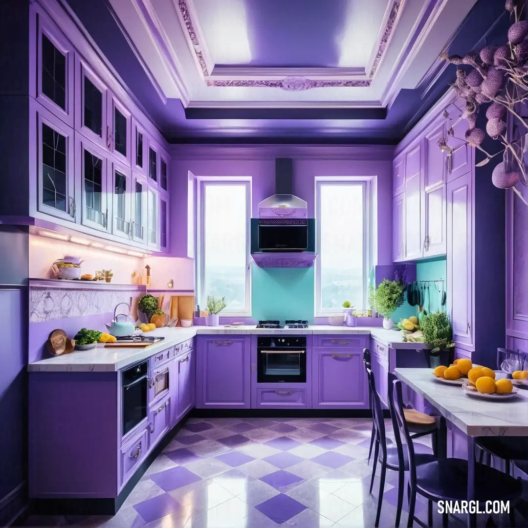 Kitchen with purple cabinets and a checkered floor and a purple ceiling and a white counter top with a black chair