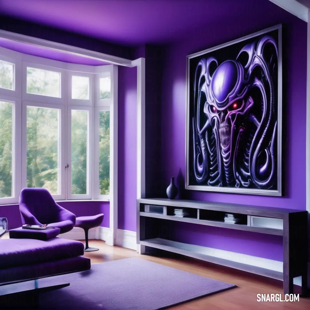 Dark slate blue color example: Living room with purple walls and a purple couch and chair in front of a large painting on the wall