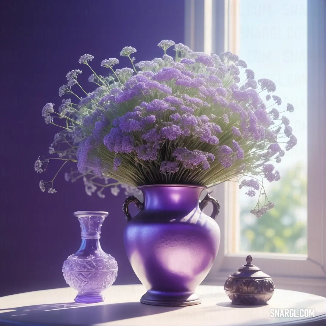 Purple vase with flowers on a table next to a purple vase with flowers in it and a purple vase. Color Dark slate blue.