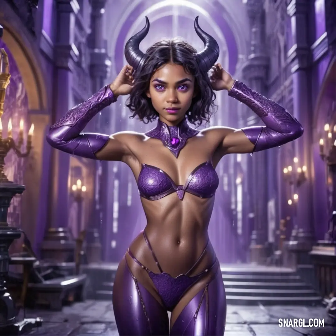 Woman in a purple outfit with horns on her head. Color RGB 72,61,139.