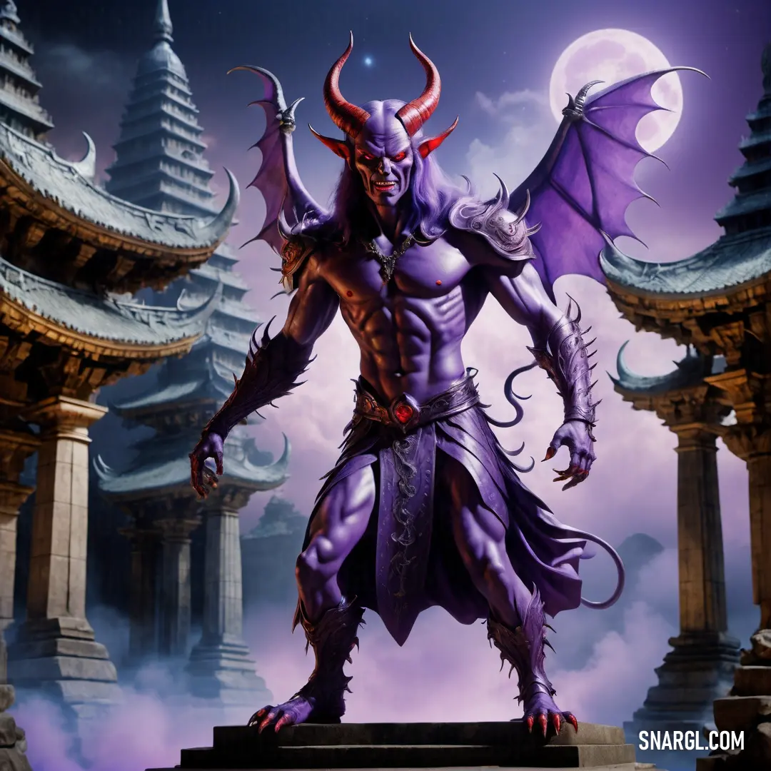 Demonic demon standing in front of a temple with a full moon in the background and a purple sky