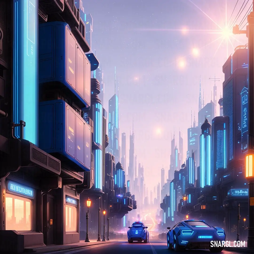 Futuristic city with a futuristic car driving down the street at night time