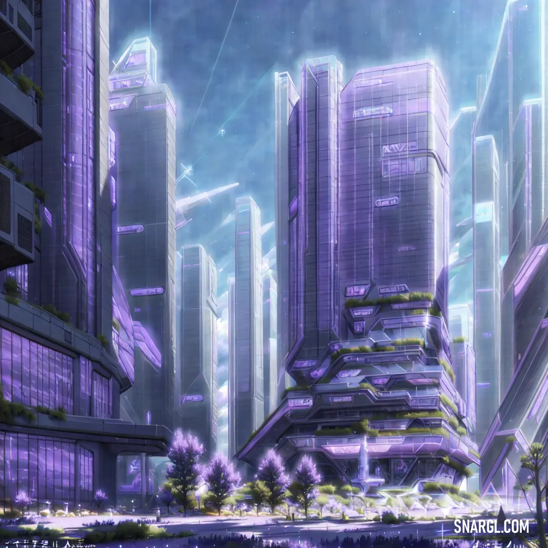 Futuristic city with a lot of tall buildings and a lot of trees in the foreground and a lake in the middle