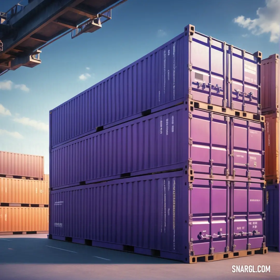 Large stack of purple containers in a parking lot next to a building with a sky background. Example of RGB 72,61,139 color.