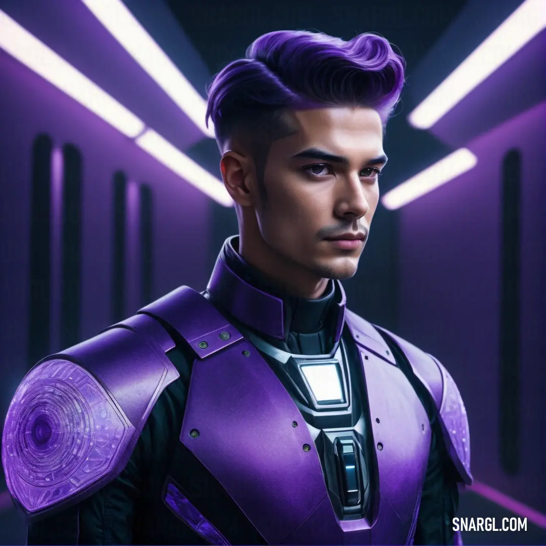 Man in a purple suit standing in a hallway with a purple light on his face and chest. Color RGB 72,61,139.