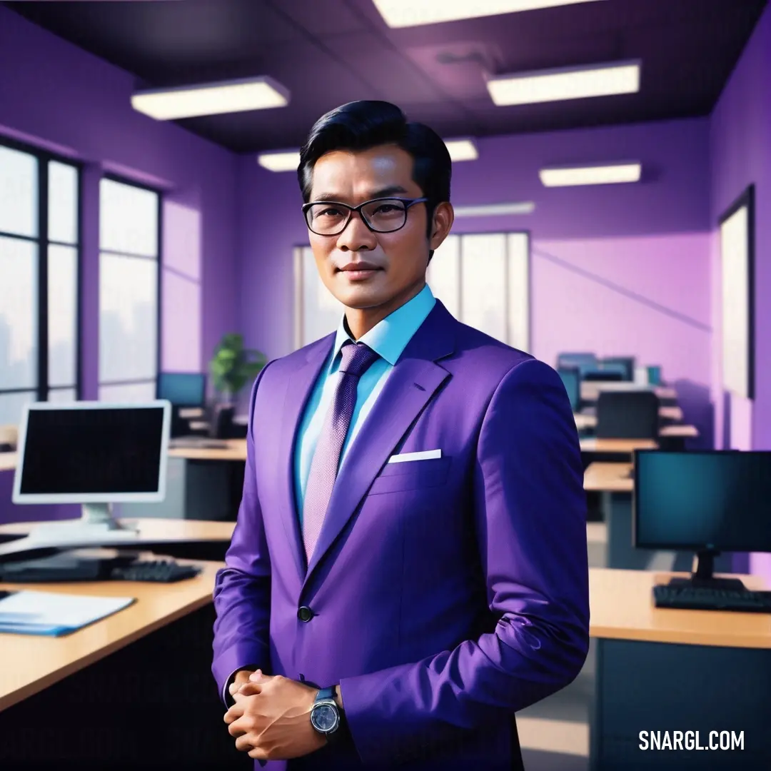 Man in a purple suit standing in an office space with a purple wall and purple ceiling. Example of RGB 72,61,139 color.