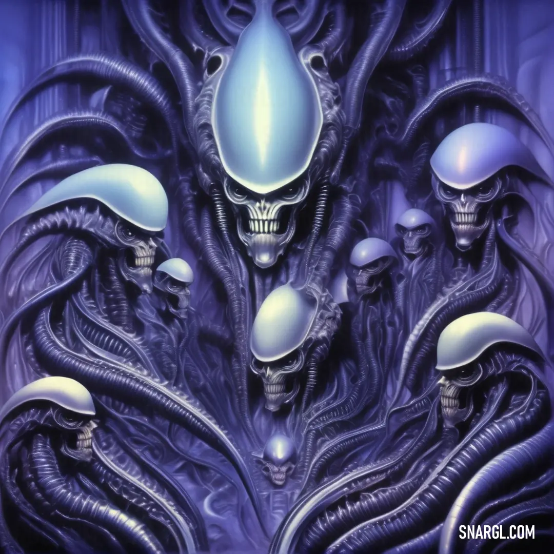 Painting of aliens and aliens in a blue room with a purple background and a blue light in the middle. Color Dark slate blue.