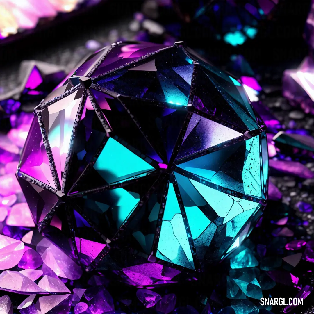 Purple and blue diamond surrounded by other purple and purple crystals and stones on a black surface
