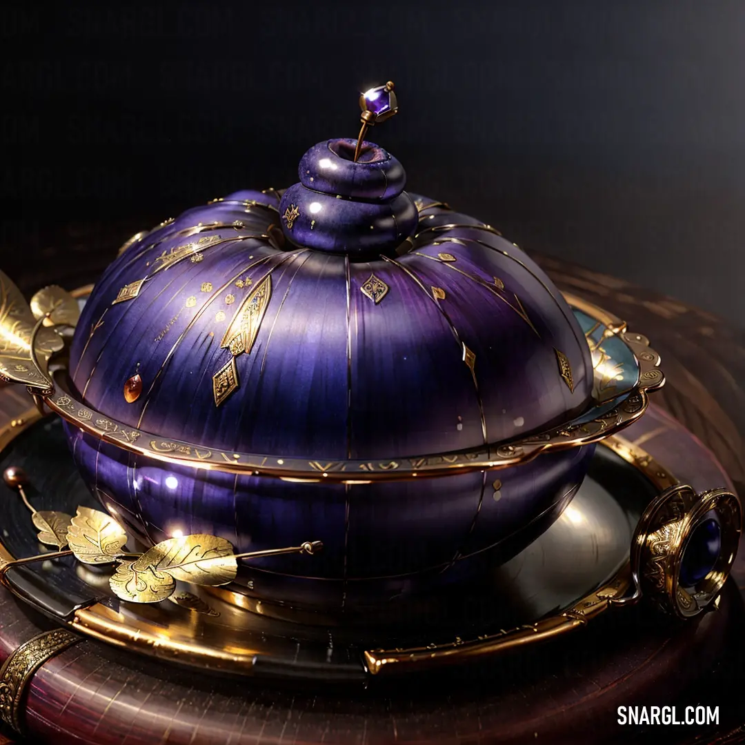 Purple and gold covered dish with a lid on a table top with a gold leaf decoration on it
