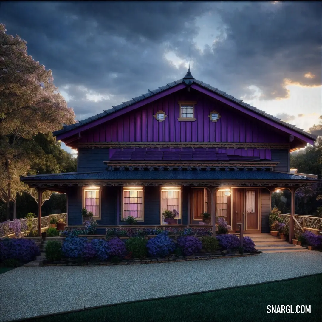 Purple house with a lot of windows and a lot of flowers in front of it. Example of CMYK 48,56,0,45 color.