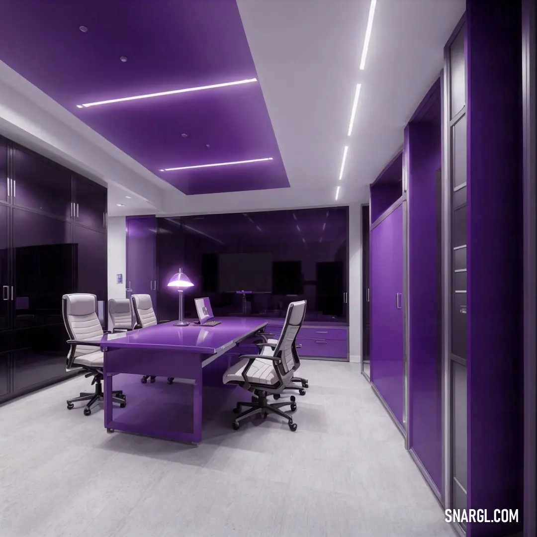 Purple office with a purple desk and chairs in it and a purple cabinet and a purple lamp on the wall