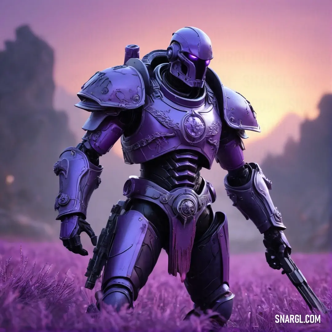 Purple robot standing in a field of purple grass with a gun in his hand and a helmet on. Color #483D8B.