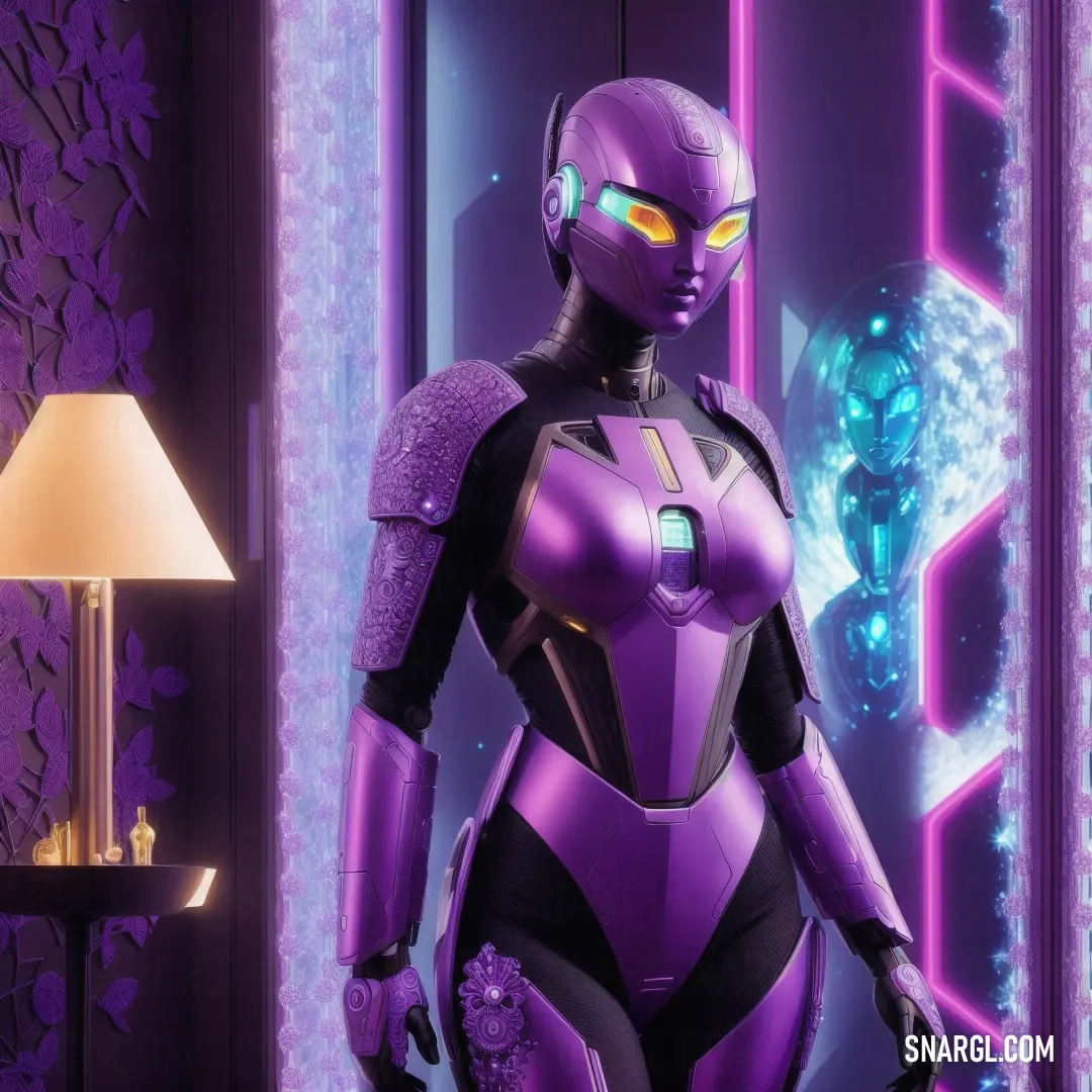 Woman in a futuristic suit standing in a room with a lamp on the side of the room and a purple wall