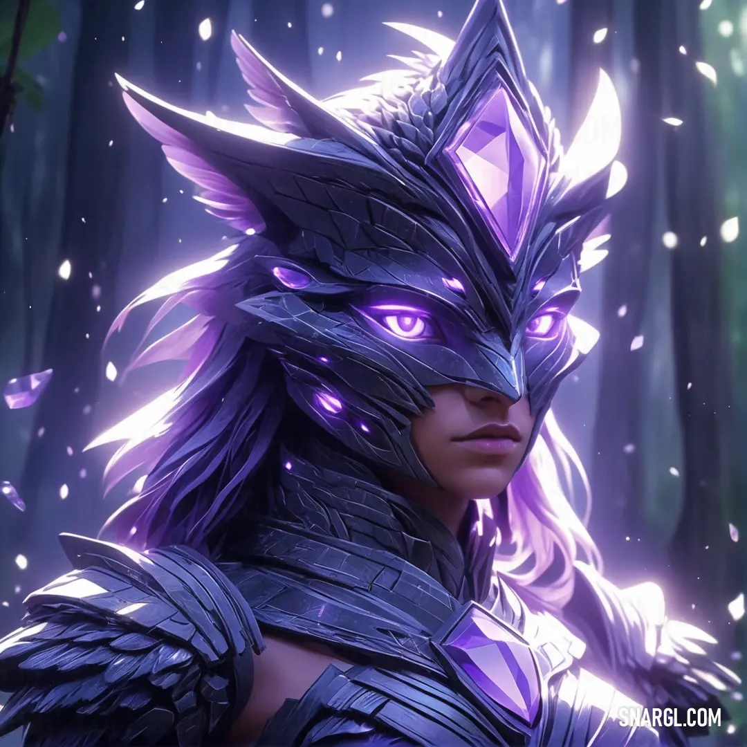 Woman in a purple costume with a wolf mask on her head and a forest background with trees and leaves. Example of CMYK 48,56,0,45 color.