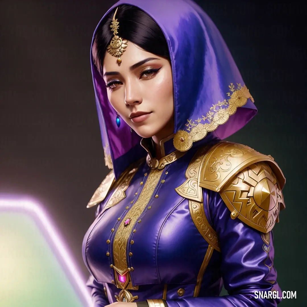 Dark slate blue color. Woman in a purple outfit with a purple veil and gold trimmings