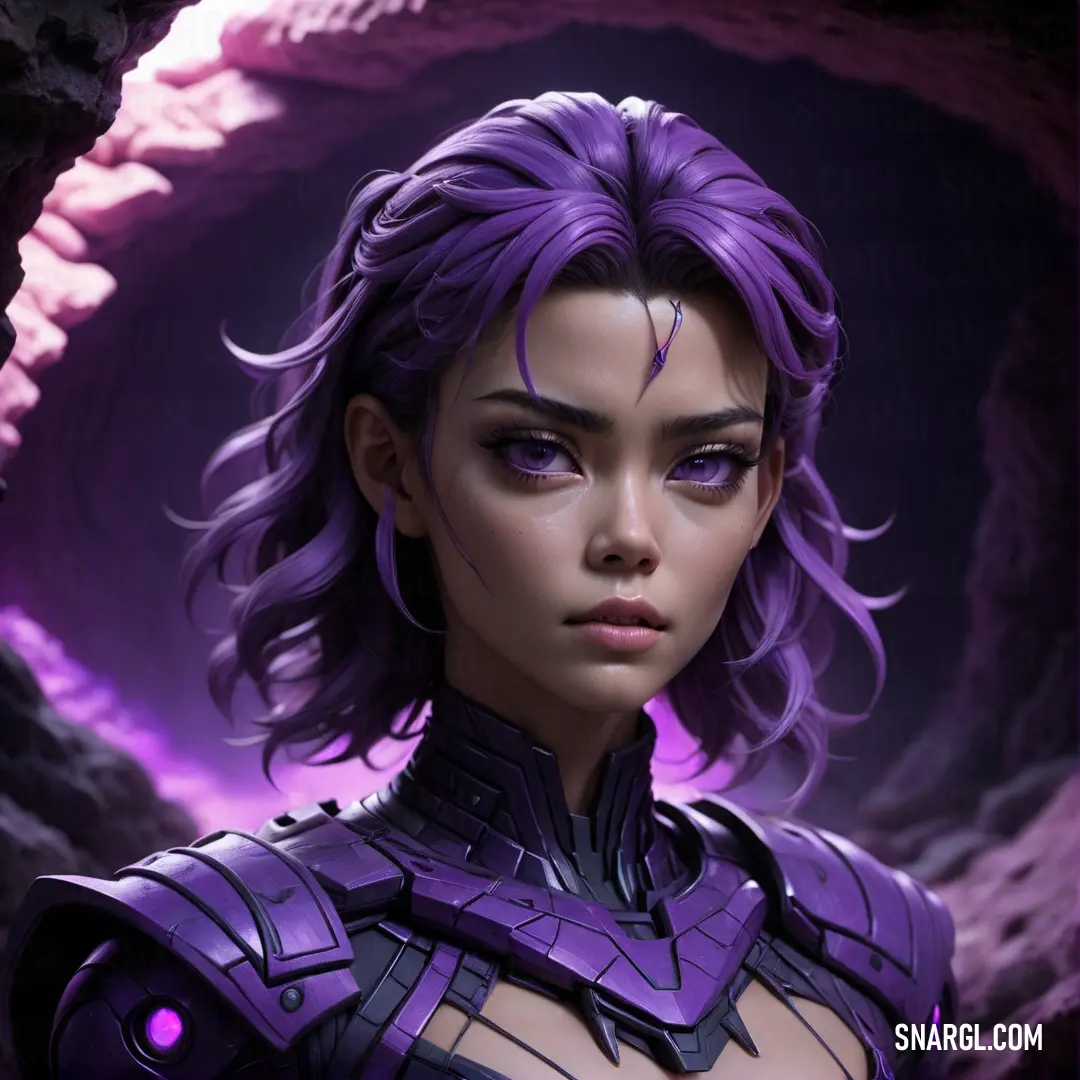 Woman with purple hair and a purple outfit in a cave with a purple light behind her