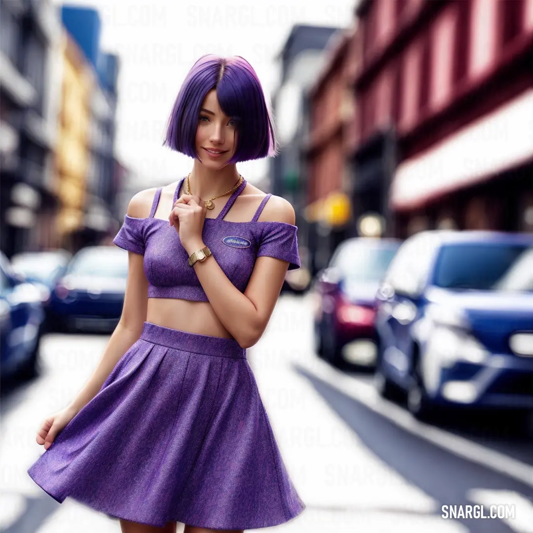 Woman with purple hair is standing on the street in a purple dress and heels