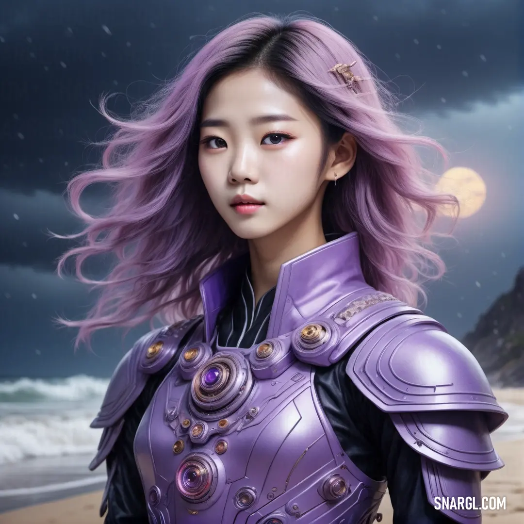 Woman with purple hair and a purple outfit on a beach at night with a full moon in the background