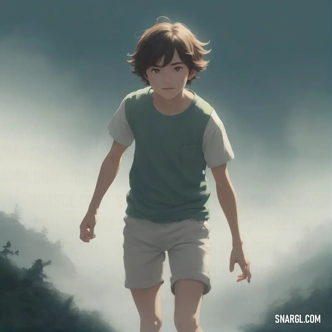 Dark slate gray color example: Boy walking down a road in the middle of the day with a green shirt on