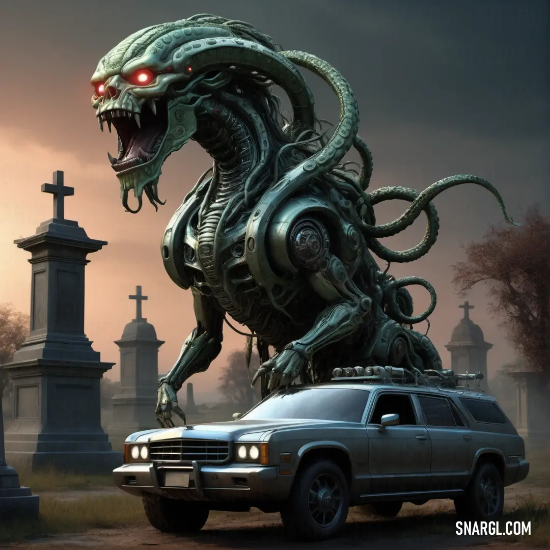 Car is parked in front of a giant alien creature statue in a cemetery with a cross in the background