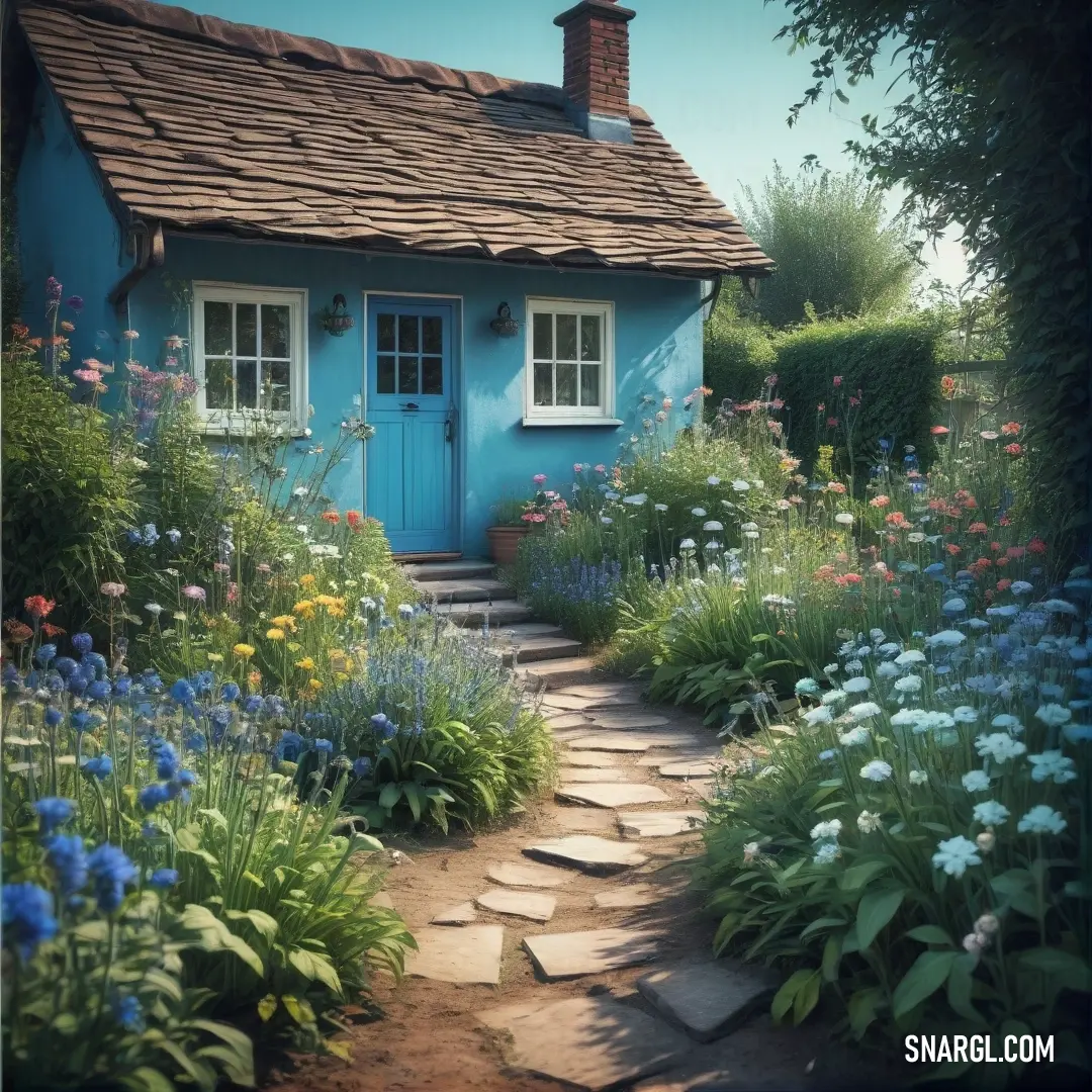 Blue house with a stone path leading to it and flowers around it. Example of CMYK 41,0,0,69 color.