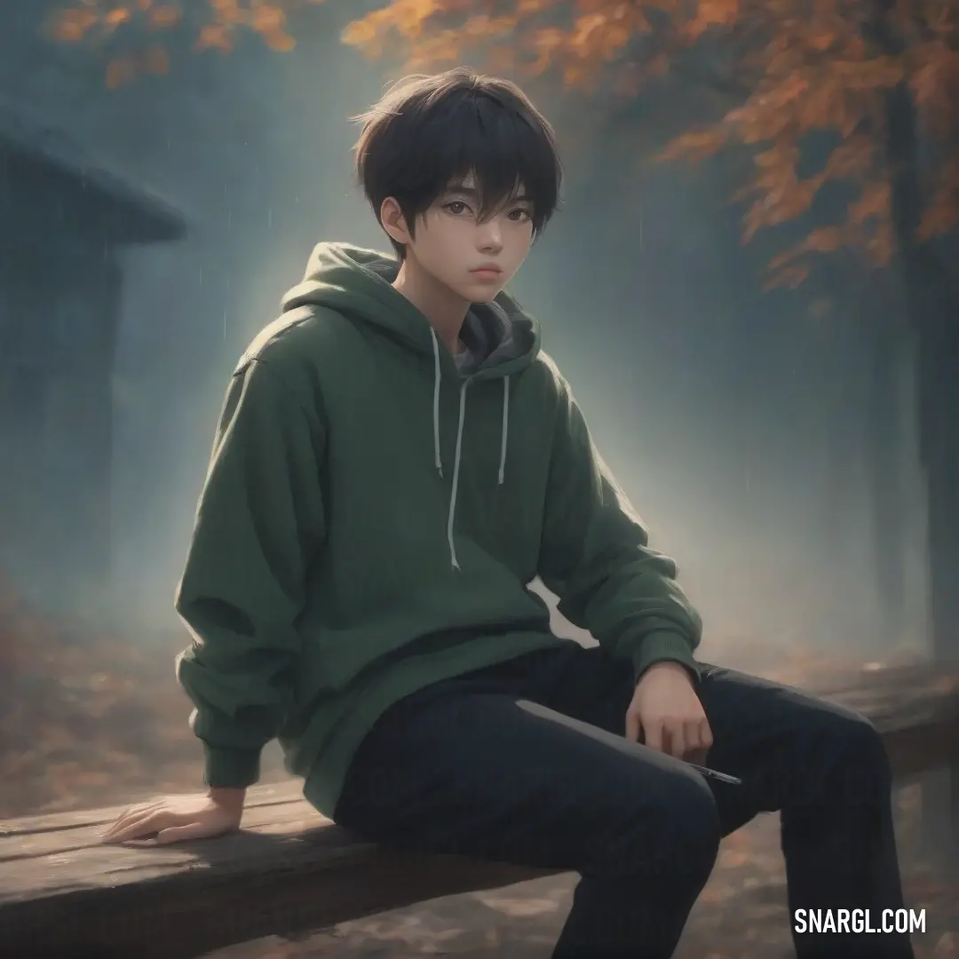 Boy on a bench in the woods with a hoodie on and a forest background. Example of Dark slate gray color.