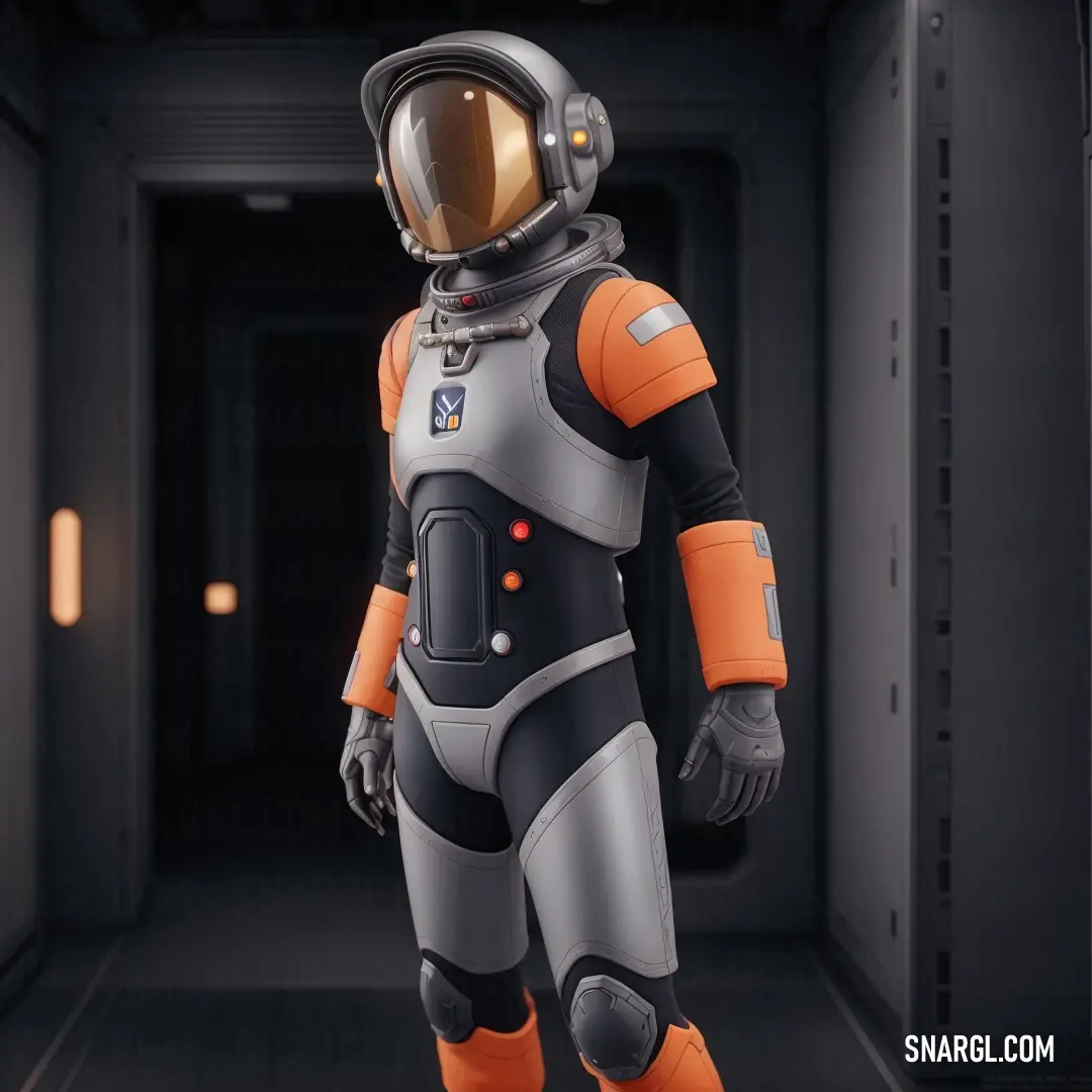 Man in a space suit is walking through a hallway with a light on his head and a helmet on