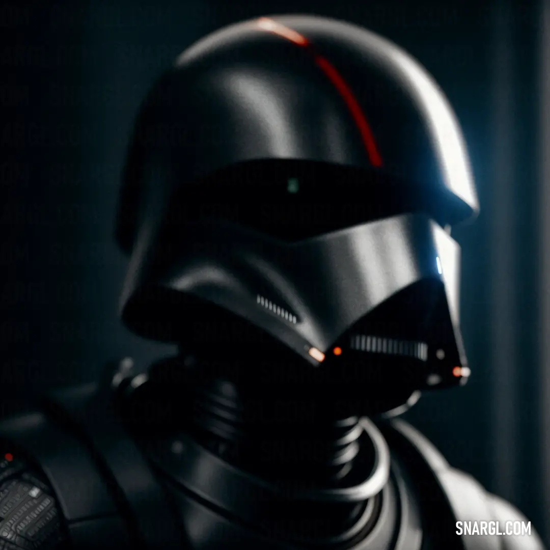 Man in a star wars helmet is looking out a window with a light on his face and a dark background