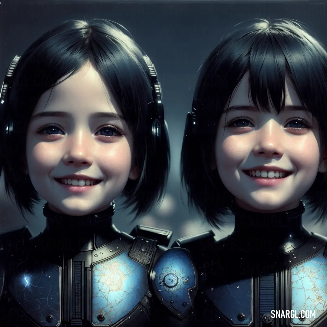 Two young girls wearing futuristic outfits and headphones