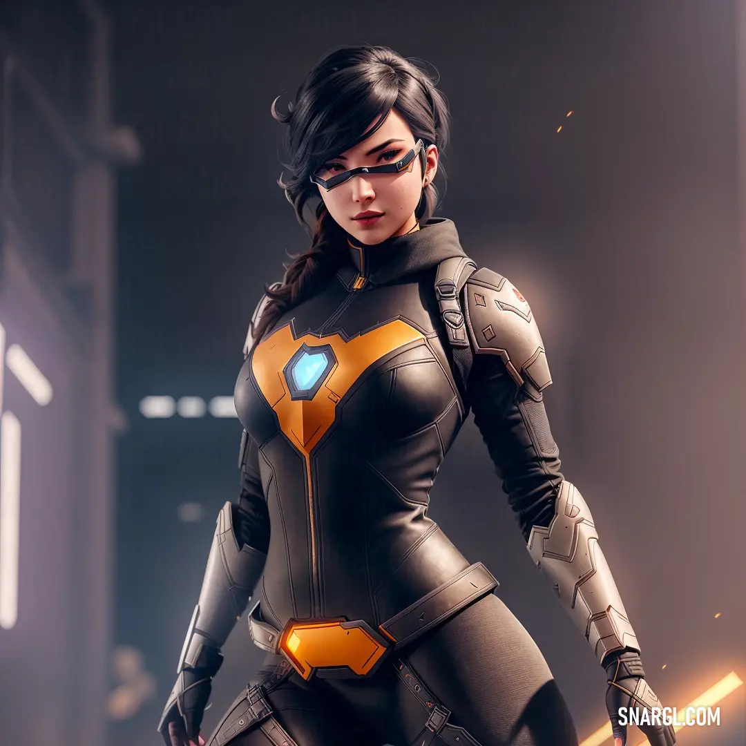 Woman in a futuristic suit holding a gun in a dark room with lights on her chest and a sci - fi fi eye patch on her chest