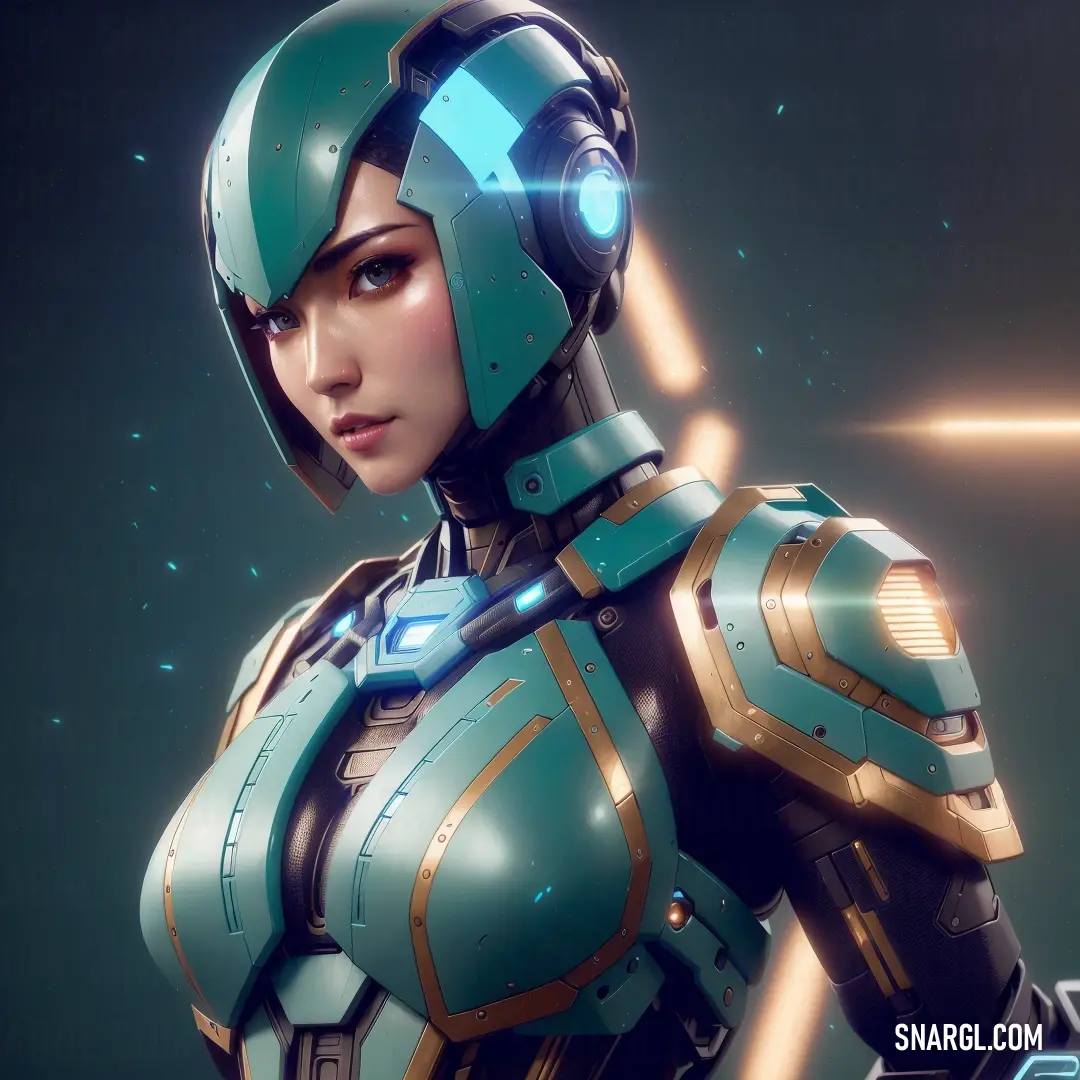 Woman in a futuristic suit with a futuristic helmet on her head and a futuristic light shining on her face