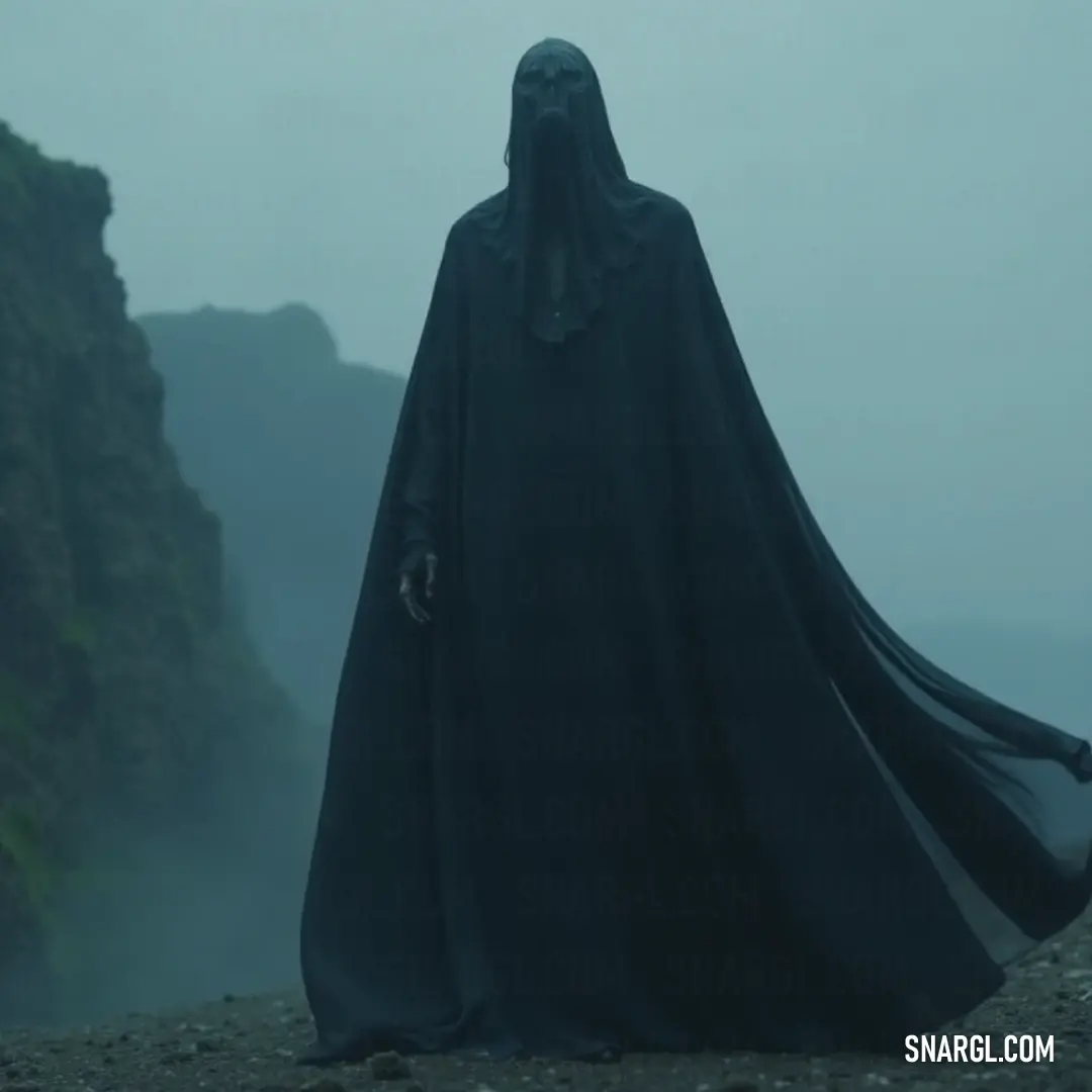 Majestic Dark Specter poised on a cliff, facing the mountain's grandeur with an air of solemn contemplation. Dark Specter in a flowing black cloak, standing defiantly on a rocky cliff, with an imposing mountain panorama behind, emanating a sense of mystery and majestic solitude.