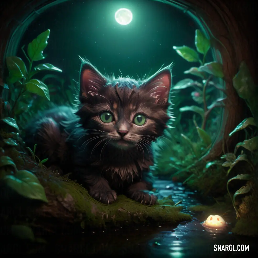 Cat in the middle of a forest next to a river at night with a full moon in the sky