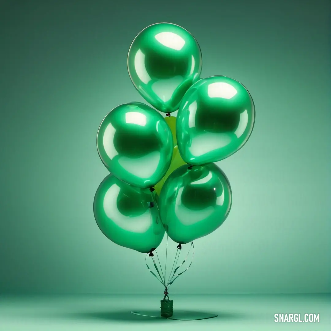 Bunch of balloons floating in the air on a green background. Example of CMYK 80,0,39,55 color.