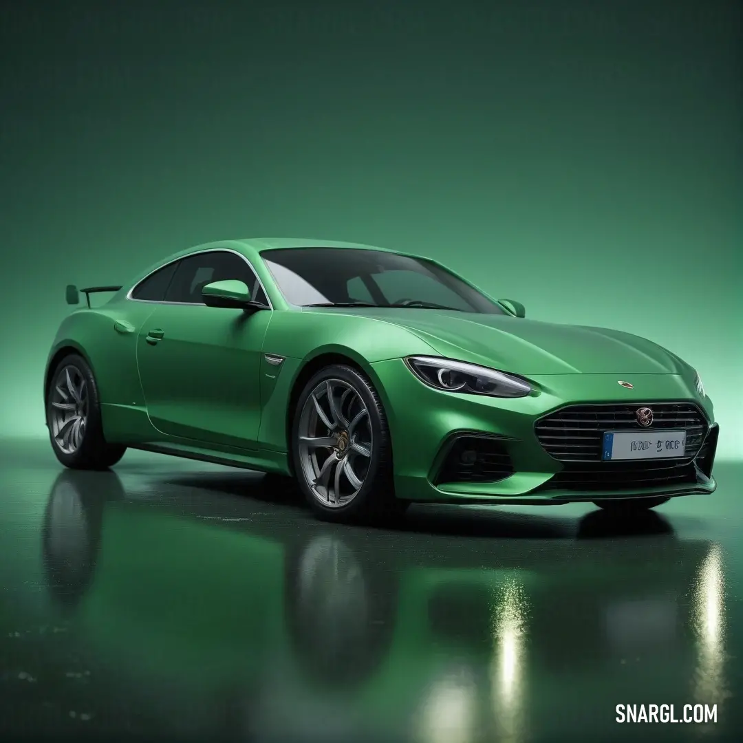 Green sports car is shown in a studio photo with a green background. Example of RGB 23,114,69 color.